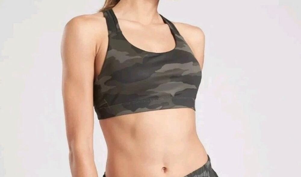 Athleta Camo Sports Bra Olive Green Black Racerback Medium Support L athleisure